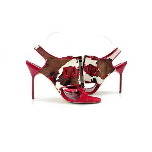 Manolo Blahnik Martamucco Buckle Cow Print Pony Style Calf Hair Sandals 40 - Picture 3 of 9